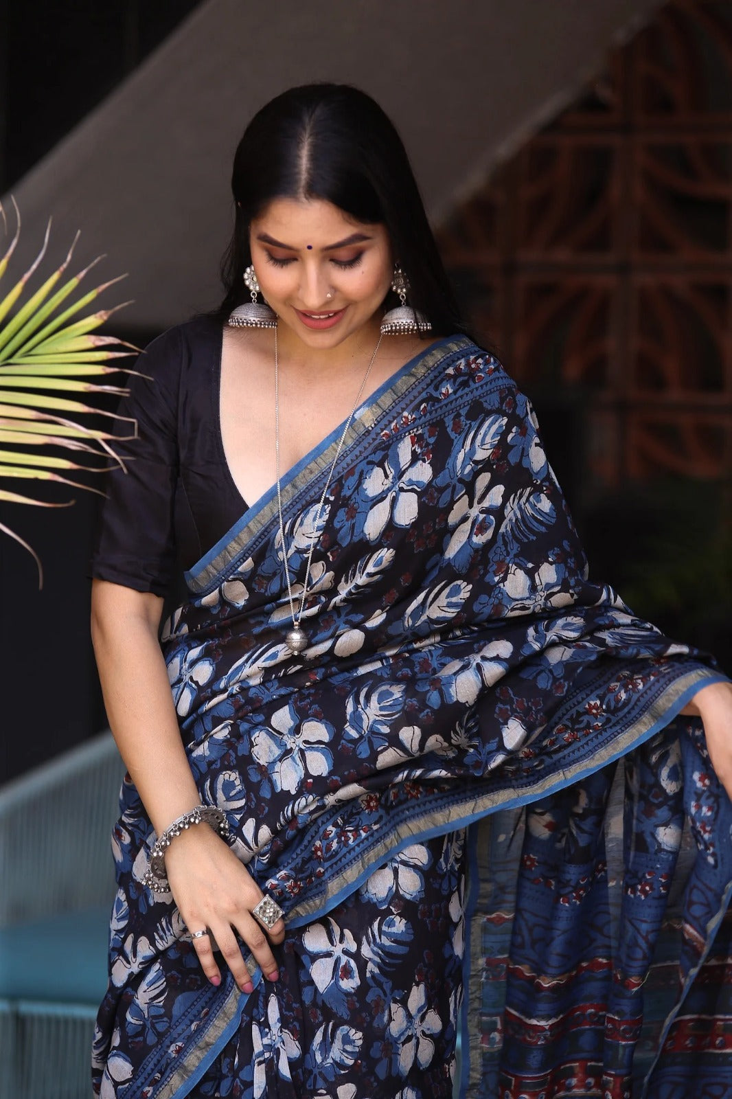 Black Indigo Chanderi Silk Saree with Gold Border & Digital Print | Elegant Festive Wear with Matching Blouse