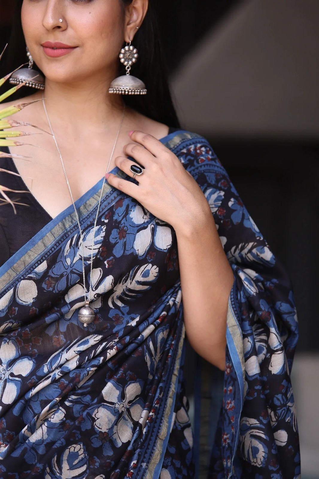 Black Indigo Chanderi Silk Saree with Gold Border & Digital Print | Elegant Festive Wear with Matching Blouse