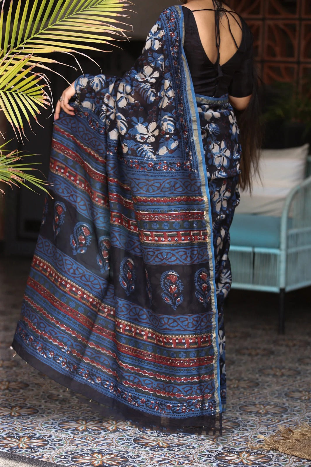 Black Indigo Chanderi Silk Saree with Gold Border & Digital Print | Elegant Festive Wear with Matching Blouse