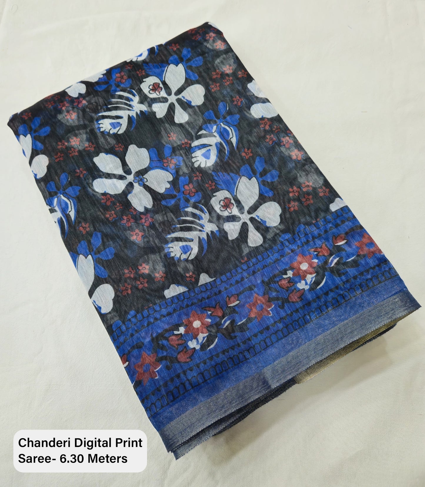 Black Indigo Chanderi Silk Saree with Gold Border & Digital Print | Elegant Festive Wear with Matching Blouse