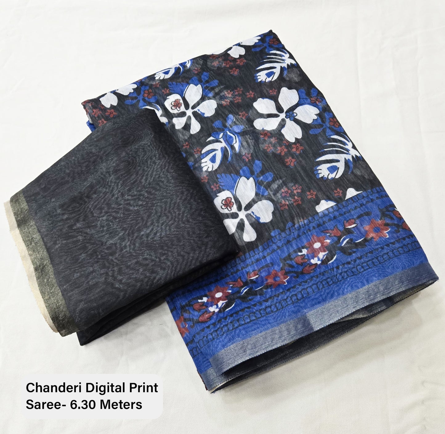 Black Indigo Chanderi Silk Saree with Gold Border & Digital Print | Elegant Festive Wear with Matching Blouse