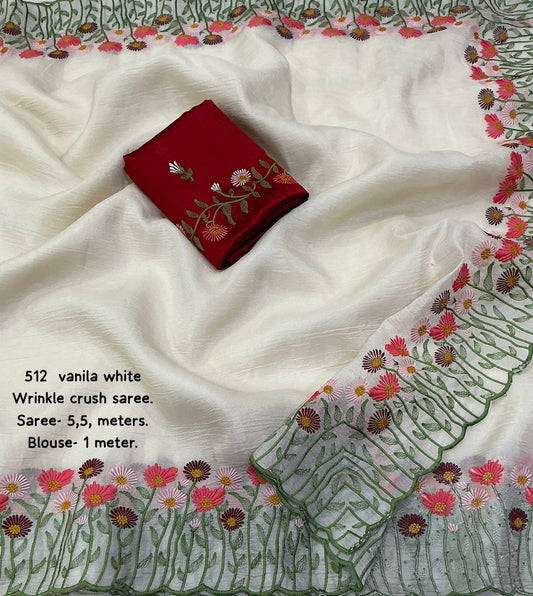 AK- Vanilla Crush Off-White Wrinkle-Free Crush Saree with Heavy Embroidered Cutwork Pallu & Contrast Phantom Silk Blouse