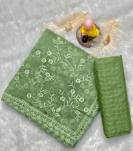 Galmor Pure Organza Silk Saree with Multi-Thread Embroidery & Satin Banglory Embroidered Blouse – Elegant Designer Saree