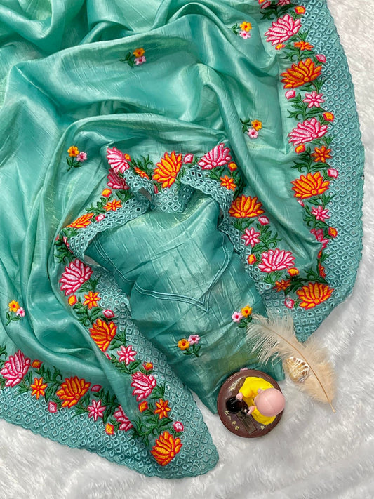 Mosma Pure Gold Crush Saree with Multi-Embroidery Butta & Arc Cut Border – With Matching Embroidered Blouse