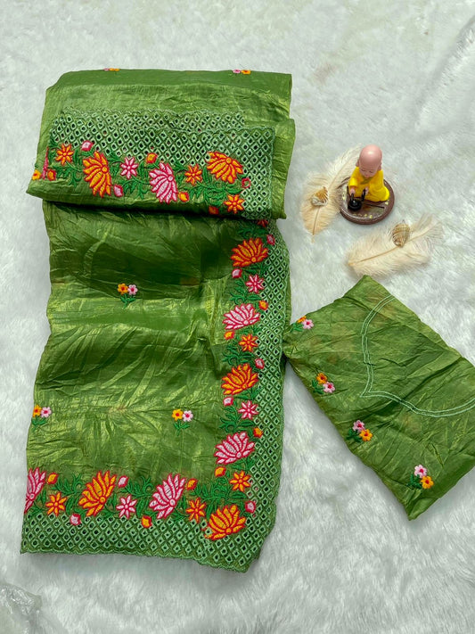 Mosma Pure Gold Crush Saree with Multi-Embroidery Butta & Arc Cut Border – With Matching Embroidered Blouse