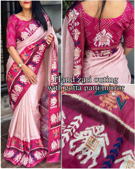 Mahima Tussar Cotton Silk Saree with Zari Border & Gota Patti Mirror Work | Digital Print Saree & Blouse | 5.5m + 1m