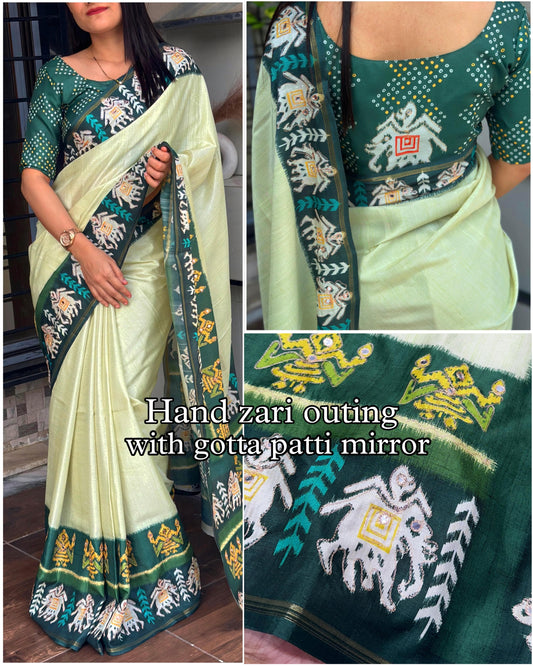 Mahima Tussar Cotton Silk Saree with Zari Border & Gota Patti Mirror Work | Digital Print Saree & Blouse | 5.5m + 1m