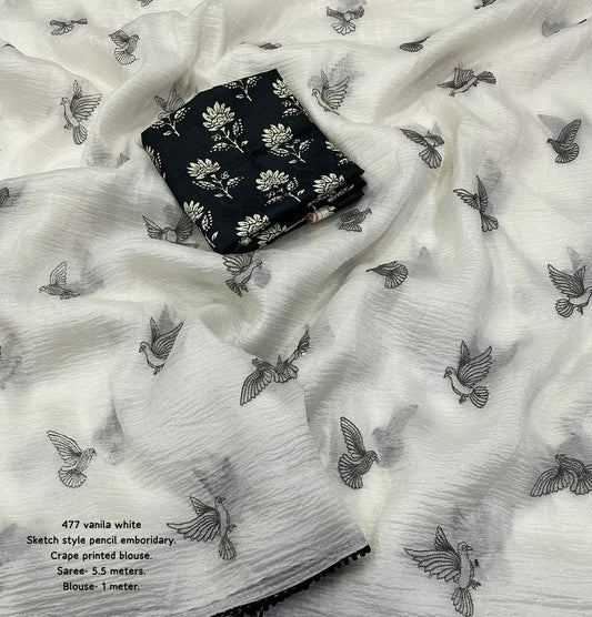 Black & White Bubble Crush Saree with Bird Embroidery & Crepe Printed Blouse