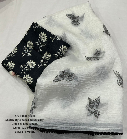 Black & White Bubble Crush Saree with Bird Embroidery & Crepe Printed Blouse