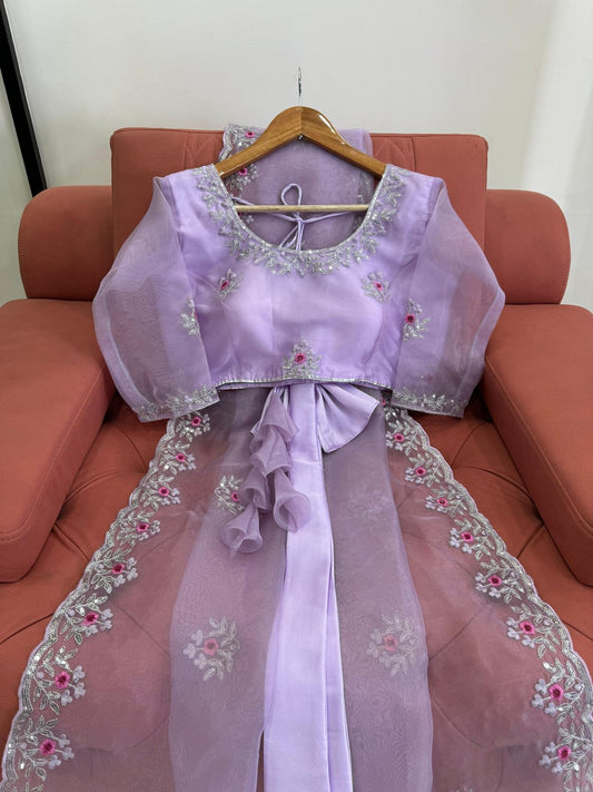 Ridhima Pure Organza Silk Saree with Sequin Embroidery & Arc-Cut Border – With Stitched Padded Blouse (Bow Back Design)