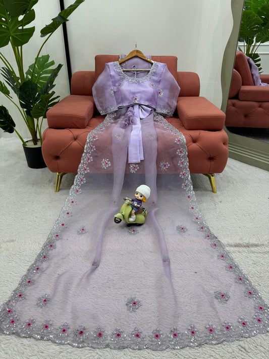 Ridhima Pure Organza Silk Saree with Sequin Embroidery & Arc-Cut Border – With Stitched Padded Blouse (Bow Back Design)