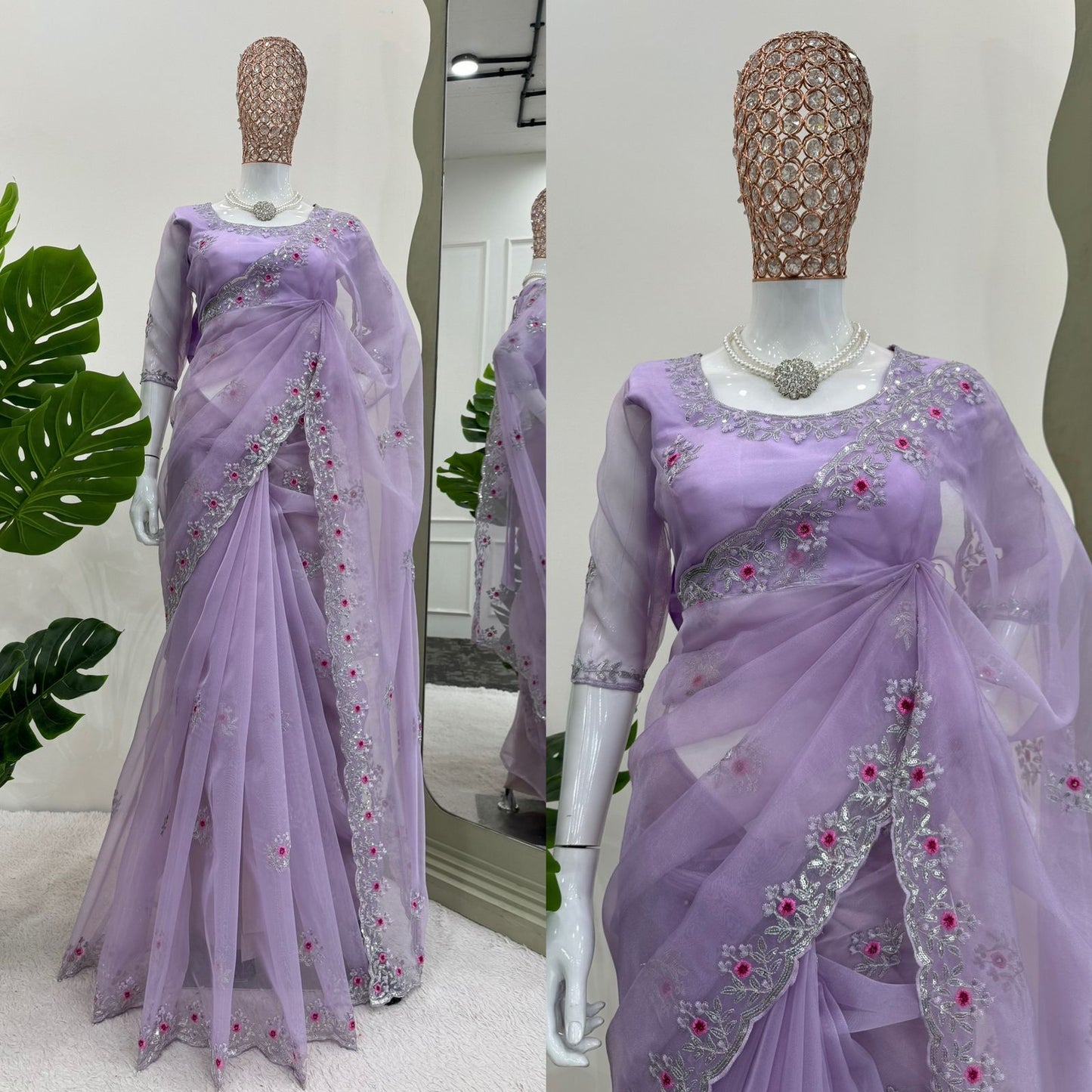 Ridhima Pure Organza Silk Saree with Sequin Embroidery & Arc-Cut Border – With Stitched Padded Blouse (Bow Back Design)
