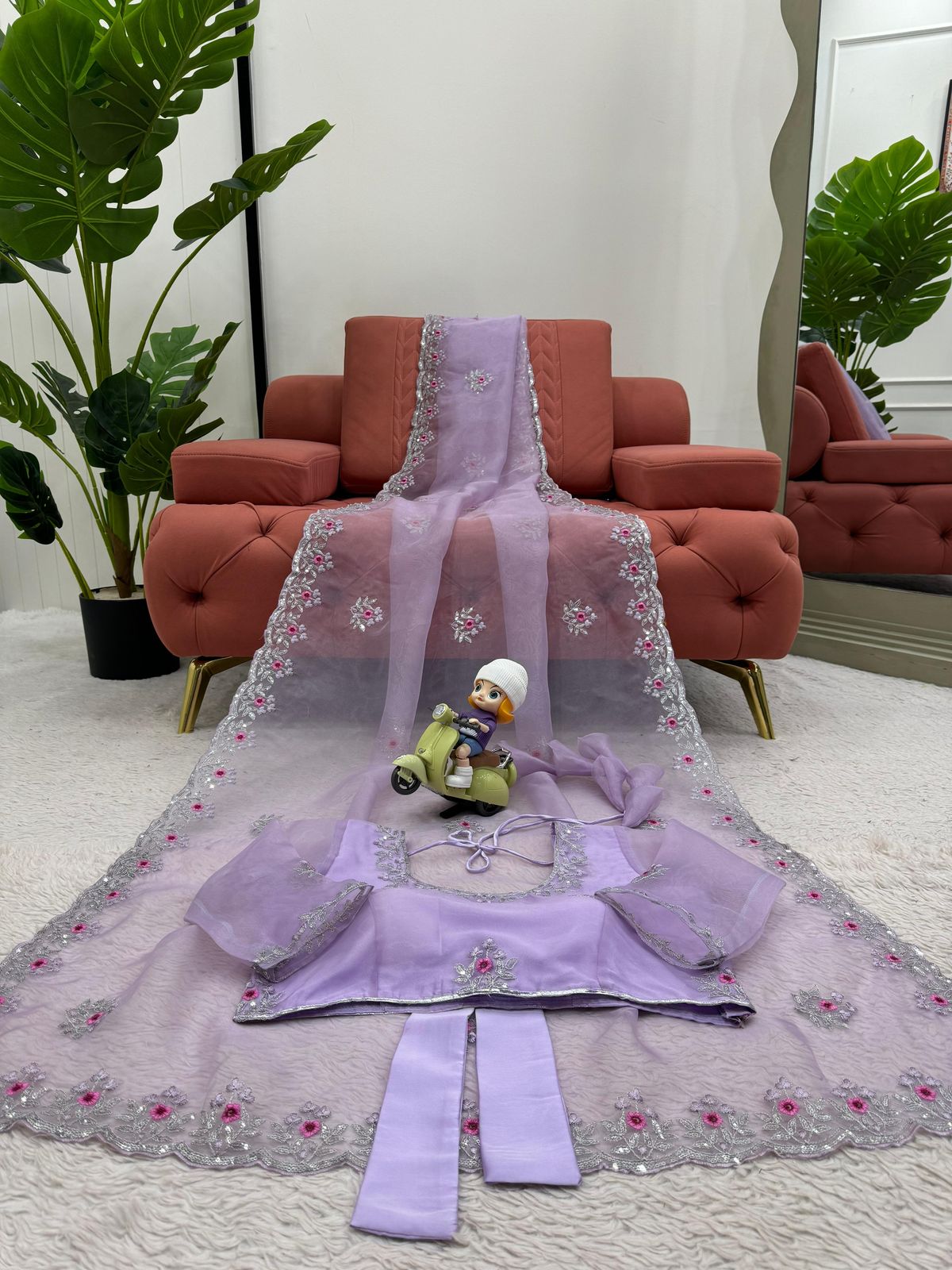 Ridhima Pure Organza Silk Saree with Sequin Embroidery & Arc-Cut Border – With Stitched Padded Blouse (Bow Back Design)