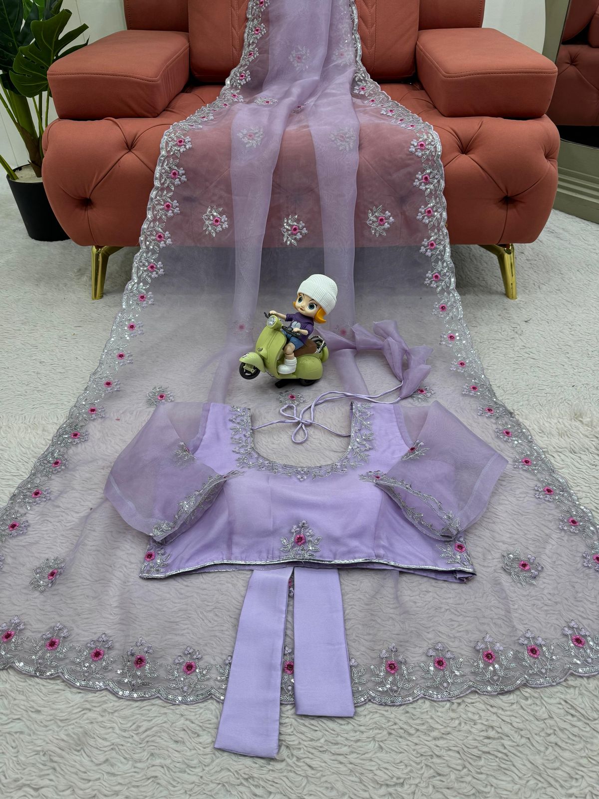 Ridhima Pure Organza Silk Saree with Sequin Embroidery & Arc-Cut Border – With Stitched Padded Blouse (Bow Back Design)