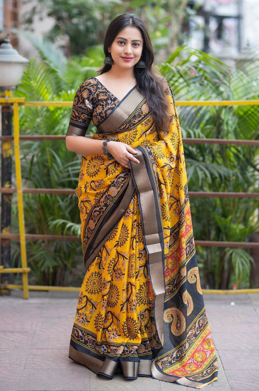 Forest Worli Cotton Crepe Saree with Zari Pattu Border & Ajrakh-Style Printed Blouse