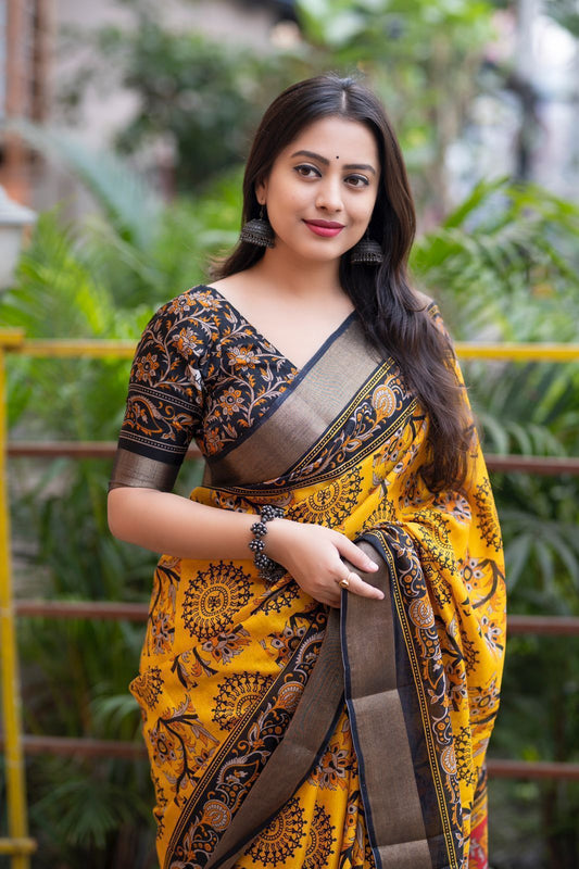 Forest Worli Cotton Crepe Saree with Zari Pattu Border & Ajrakh-Style Printed Blouse