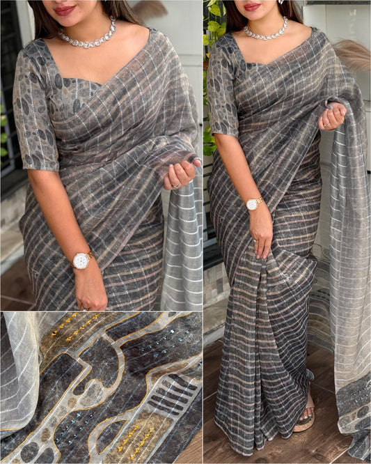 Aarohi Taspa Tissue Silk Saree with Digital Print, Hand Mirror Kali Mundi Work & Jacquard Thread Lining | 5.5m + 1m Blouse