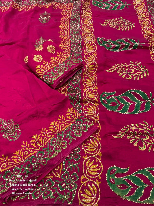 AK-390 Ajrakh Handcrafted Pure Chanderi Cotton Saree with Kaatha & Sequin Detailing
