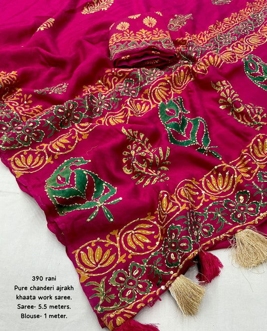 AK-390 Ajrakh Handcrafted Pure Chanderi Cotton Saree with Kaatha & Sequin Detailing