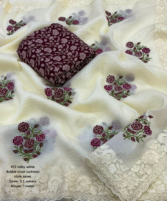 AK-471 Lucknowi Crush Bubble Saree in Milky White with C-Pallu Embroidery & Dolla Silk Blouse