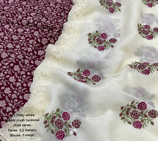AK-471 Lucknowi Crush Bubble Saree in Milky White with C-Pallu Embroidery & Dolla Silk Blouse