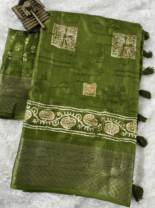 Muslin Cotton Shibori Saree with Mirror & Gota Patti Work | Zari Jacquard Border & Tassel Pallu – 6.3 Meters