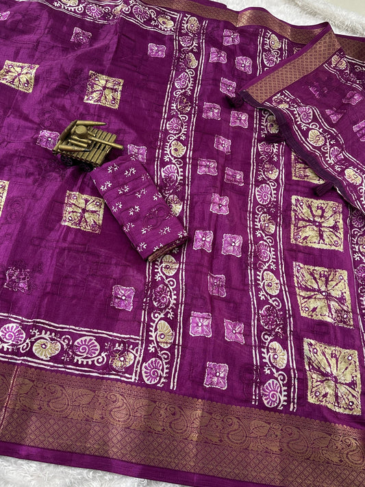 Muslin Cotton Shibori Saree with Mirror & Gota Patti Work | Zari Jacquard Border & Tassel Pallu – 6.3 Meters