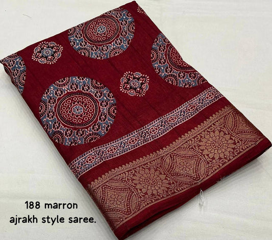 AK – Handloom Ajrakh Slub Silk Saree with Zari Pattu Border & Printed Silk Blouse