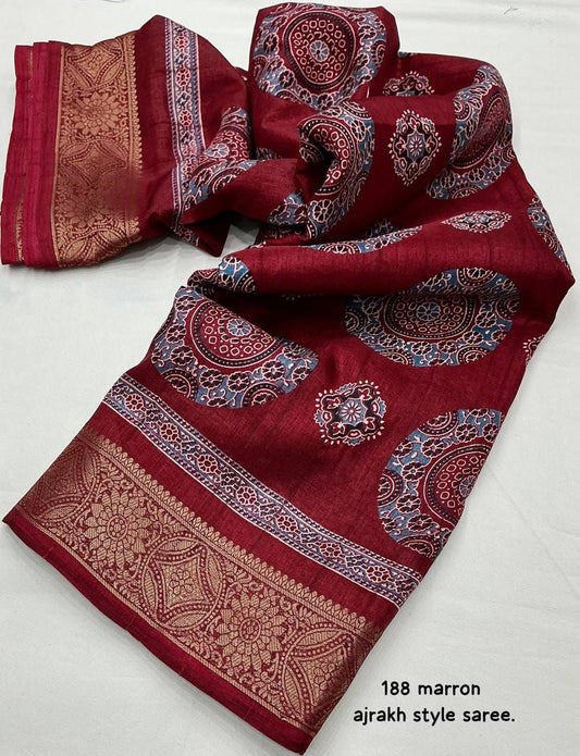 AK – Handloom Ajrakh Slub Silk Saree with Zari Pattu Border & Printed Silk Blouse