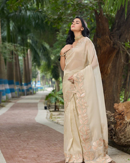 Sindhur Pure Organza Silk Saree with 3mm Sequin Embroidery & Designer Arco Cut Border – With Embroidered Satin Blouse