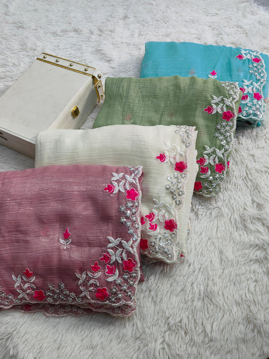 Sarita Sarees – Pure Crunchy Silk Saree with Multithread Embroidery & Arc Cut Border | Embroidered Banglory Silk Blouse