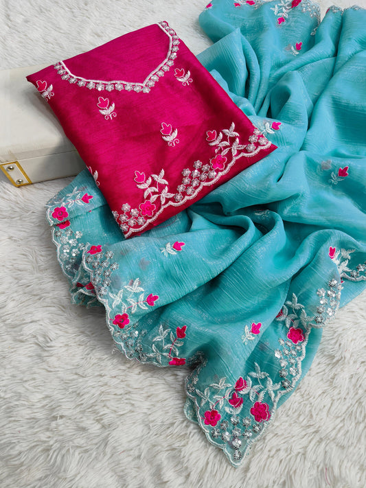 Sarita Sarees – Pure Crunchy Silk Saree with Multithread Embroidery & Arc Cut Border | Embroidered Banglory Silk Blouse