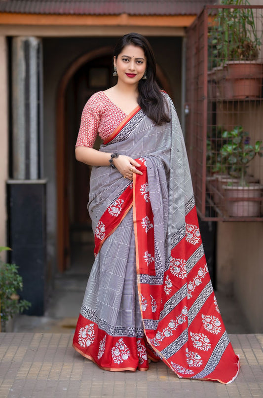 Ajrakh Print Soft Cotton Feel Saree with Aari Mirror Work & Zari Piping Border – With Matching Running Blouse