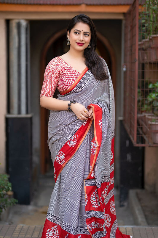 Ajrakh Print Soft Cotton Feel Saree with Aari Mirror Work & Zari Piping Border – With Matching Running Blouse