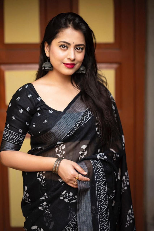 Mogra Linen by Linen Saree with Zari Pattu Border & Batik Print β With Matching Running Linen Blouse