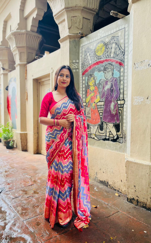 Zig Zag Georgette Saree – Pure Georgette with Zari Weave & Hand-Painted Detailing | Banarasi Mirror Work Blouse