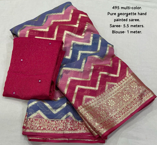 Zig Zag Georgette Saree – Pure Georgette with Zari Weave & Hand-Painted Detailing | Banarasi Mirror Work Blouse