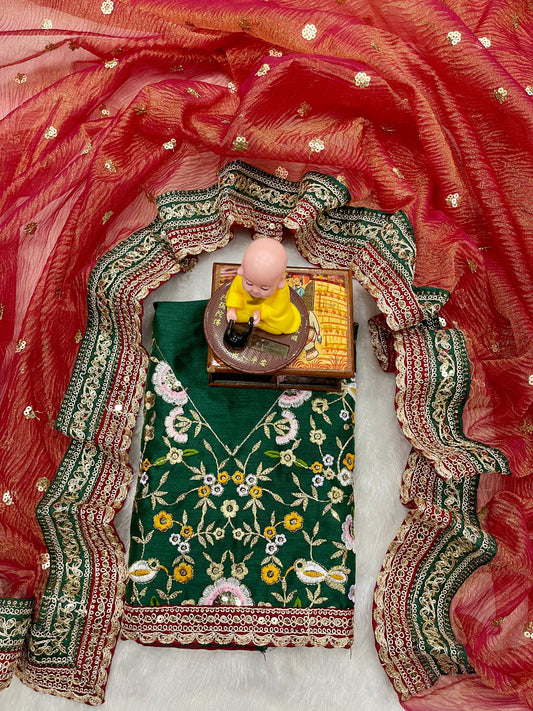 Premium Banarasi Crush Saree with Multithread Sequin Embroidery & Lace Border | Designer Partywear with Embroidered Satin Blouse