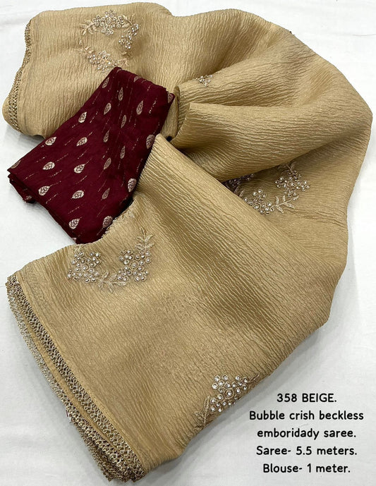 Beige Bubble Crush Saree with Zari Necklace Embroidery & Banarasi Silk Tie-Dye Blouse | Designer Festive Wear