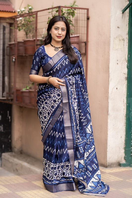Soft Silk Slub Saree with Batik Print Design | Ethnic Printed Saree with Matching Blouse – 6.3 Meters