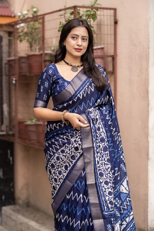 Soft Silk Slub Saree with Batik Print Design | Ethnic Printed Saree with Matching Blouse – 6.3 Meters