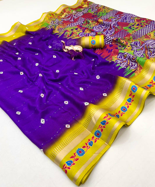SUVIDHA Fancy Soft Cotton Blend Saree with Batik Print, Multi-Sequins Work & Kalamkari Pallu – With Printed Blouse (Ready Stock)