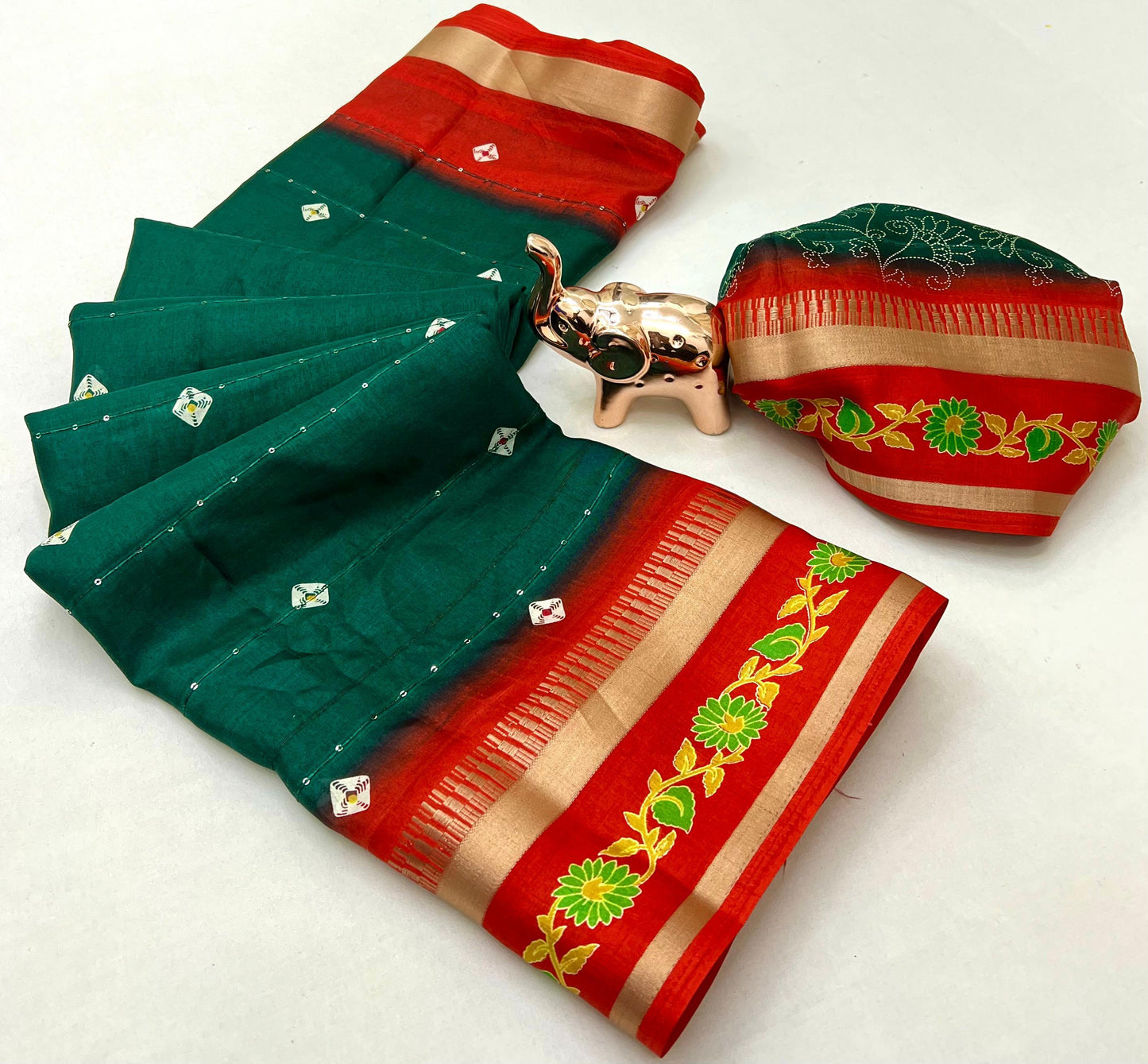 SUVIDHA Fancy Soft Cotton Blend Saree with Batik Print, Multi-Sequins Work & Kalamkari Pallu – With Printed Blouse (Ready Stock)
