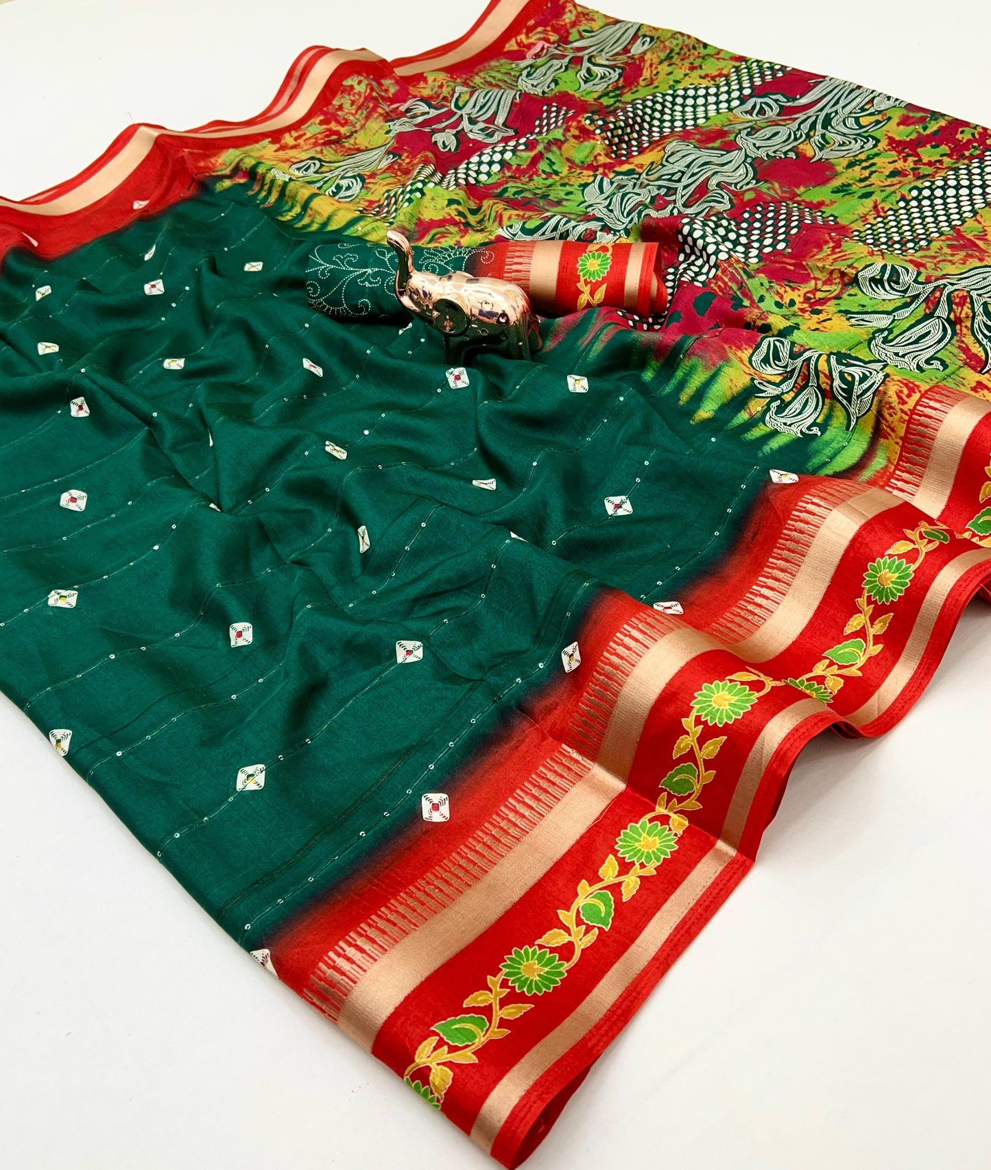 SUVIDHA Fancy Soft Cotton Blend Saree with Batik Print, Multi-Sequins Work & Kalamkari Pallu – With Printed Blouse (Ready Stock)