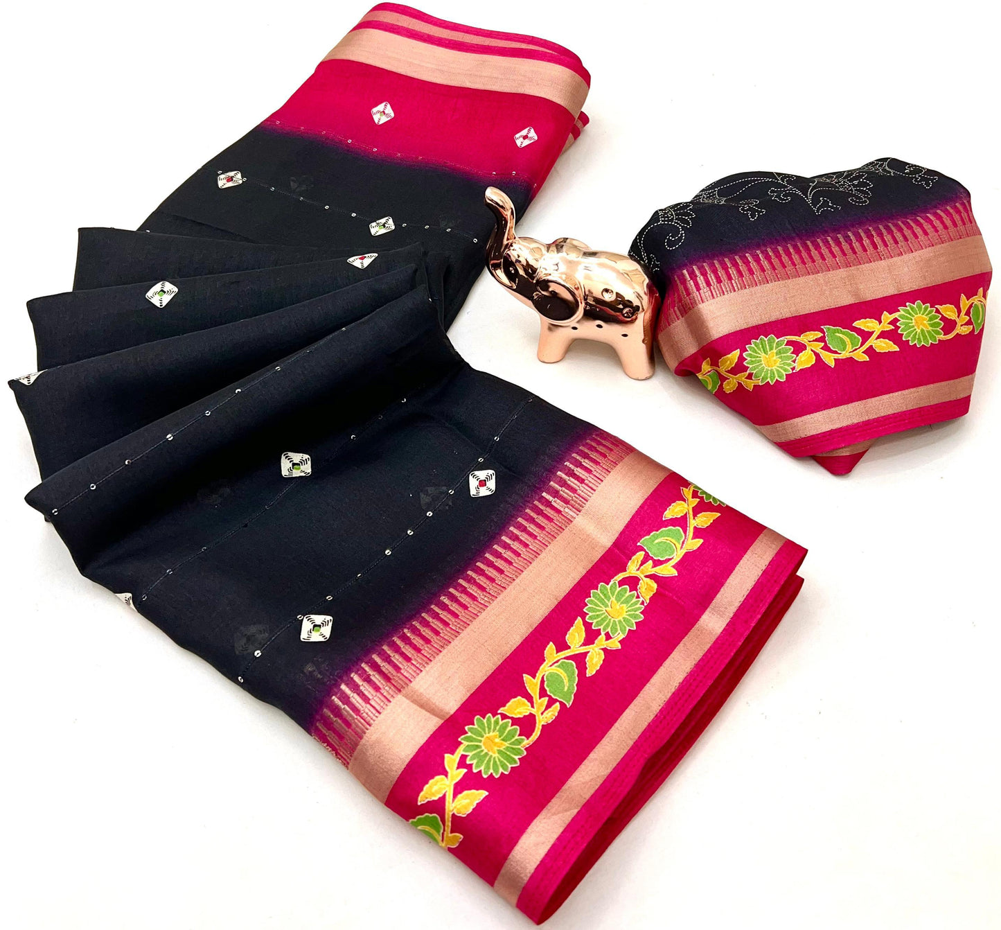 SUVIDHA Fancy Soft Cotton Blend Saree with Batik Print, Multi-Sequins Work & Kalamkari Pallu – With Printed Blouse (Ready Stock)