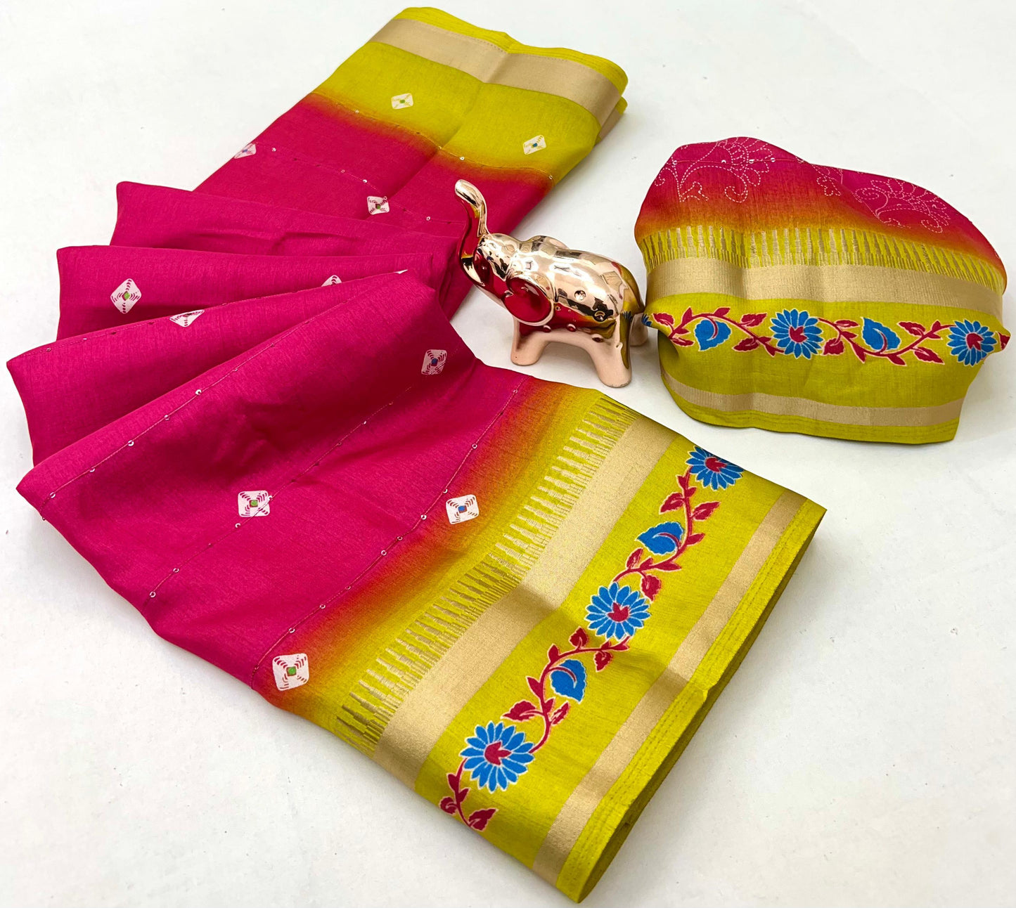 SUVIDHA Fancy Soft Cotton Blend Saree with Batik Print, Multi-Sequins Work & Kalamkari Pallu – With Printed Blouse (Ready Stock)