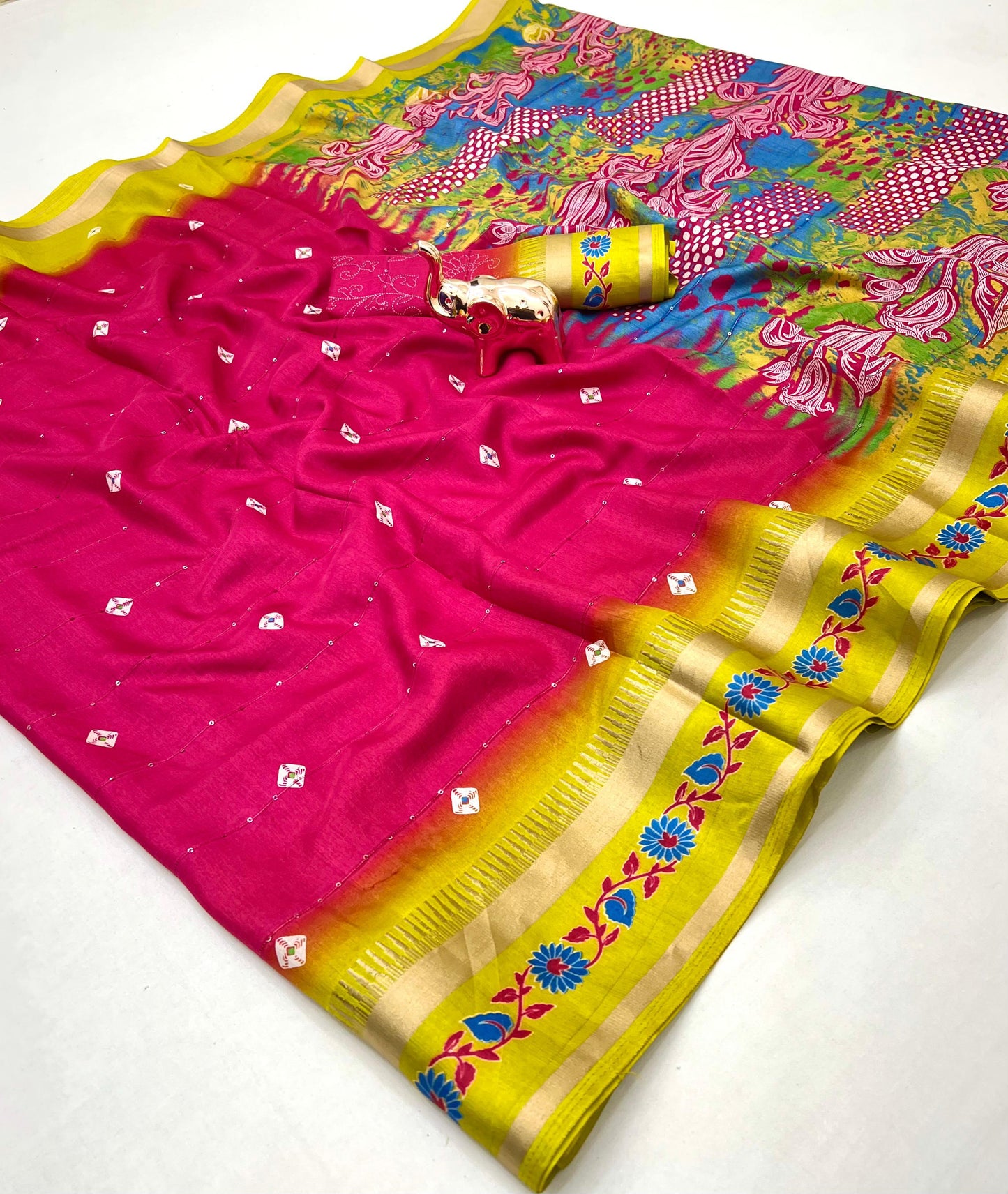 SUVIDHA Fancy Soft Cotton Blend Saree with Batik Print, Multi-Sequins Work & Kalamkari Pallu – With Printed Blouse (Ready Stock)