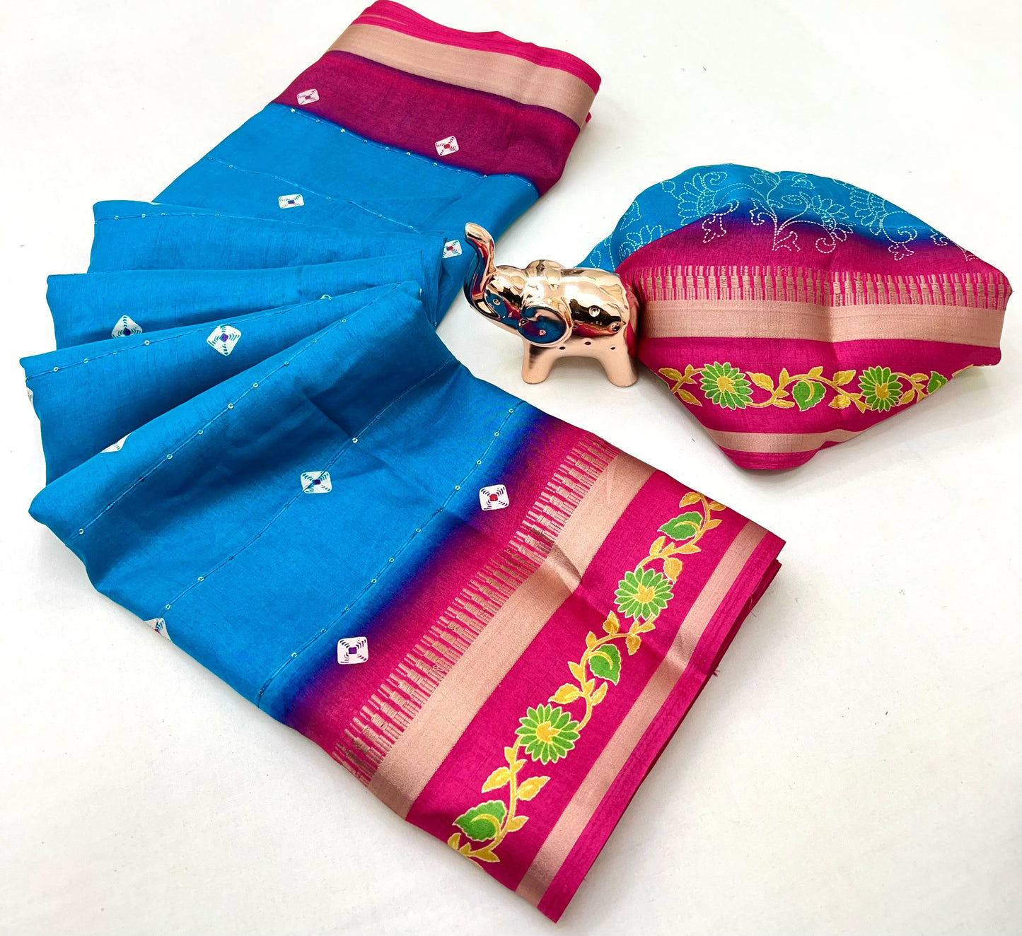 SUVIDHA Fancy Soft Cotton Blend Saree with Batik Print, Multi-Sequins Work & Kalamkari Pallu – With Printed Blouse (Ready Stock)