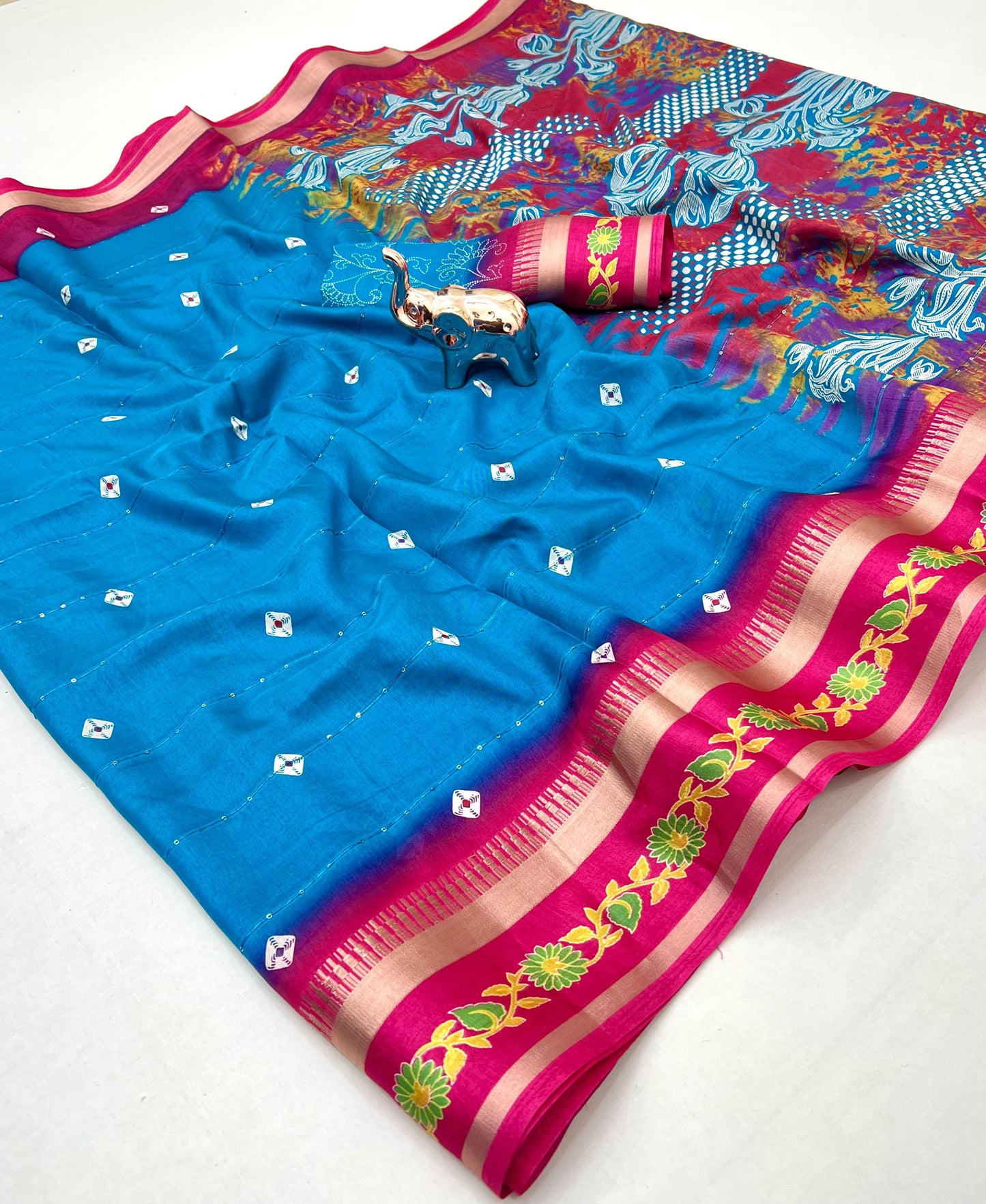 SUVIDHA Fancy Soft Cotton Blend Saree with Batik Print, Multi-Sequins Work & Kalamkari Pallu – With Printed Blouse (Ready Stock)