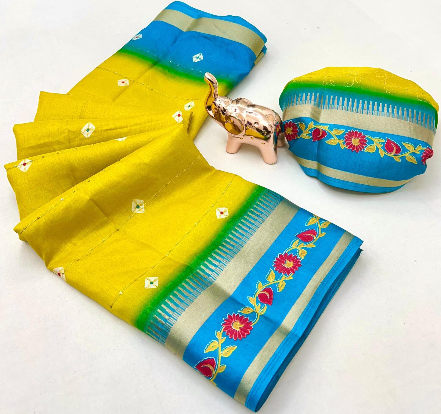 SUVIDHA Fancy Soft Cotton Blend Saree with Batik Print, Multi-Sequins Work & Kalamkari Pallu – With Printed Blouse (Ready Stock)